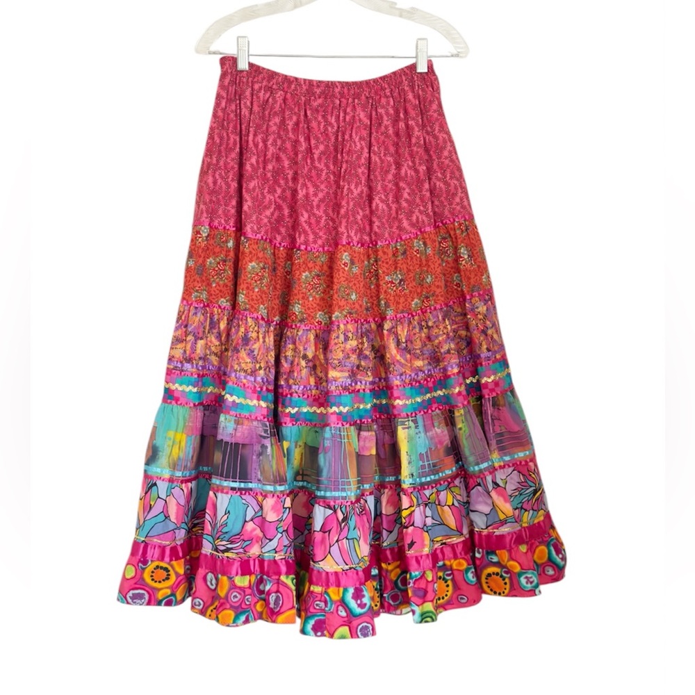 Anna Konya Boho Peasant Gypsy Multi Floral Full Circle Tiered Ric Rac Maxi Skirt